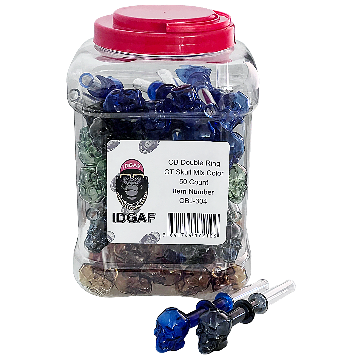 Mixed Colors Double Ring Tube Skull Head OB (OBJ304) | 14mm | Male | 50 Count Display - image 1 of 2